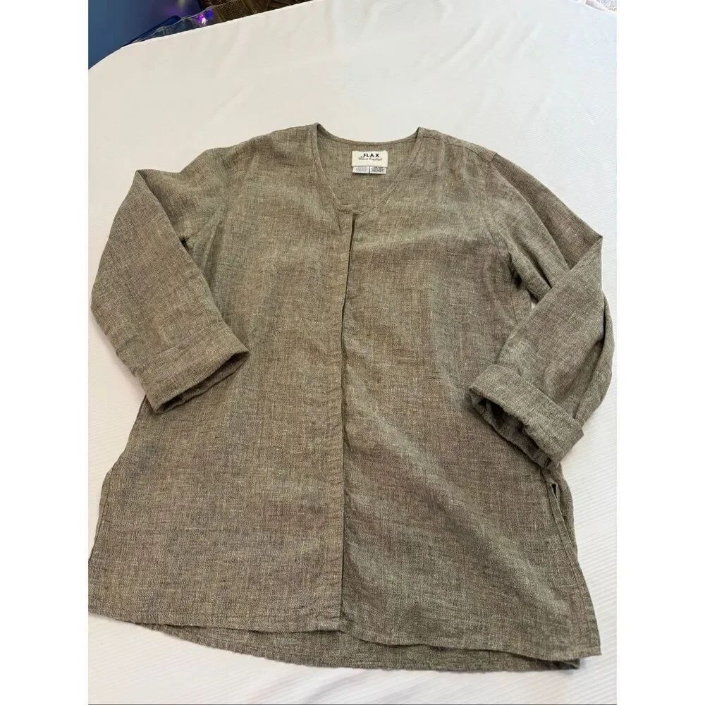 FLAX by Jeanne Engelhart Lagenlook Shirt Size Small Brown Linen Tunic Top Blouse